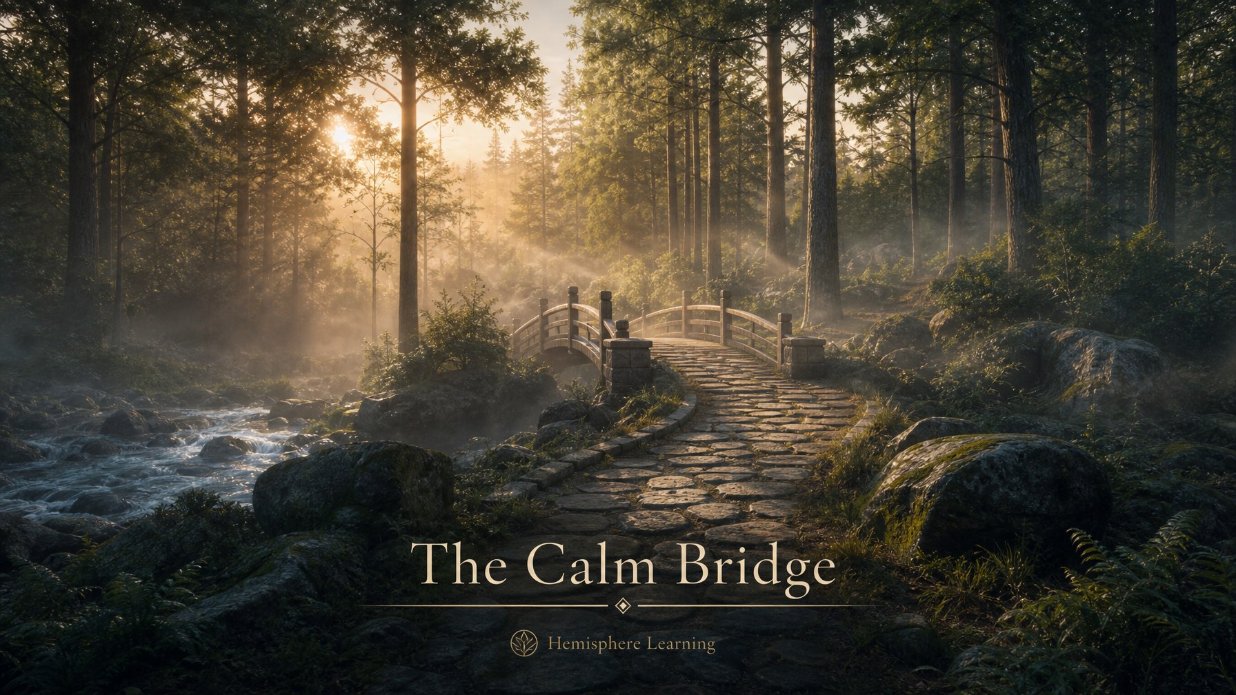 Stone footbridge over a misty forest stream at golden hour