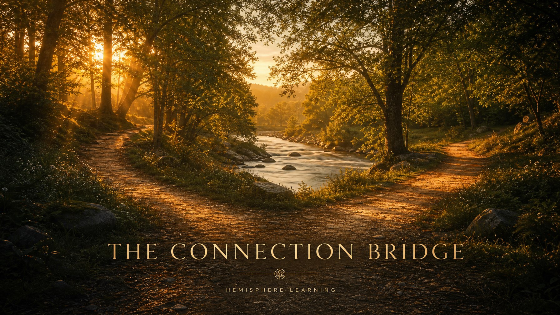 Minimalist illustration of an arched bridge in warm terracotta tones over soft water