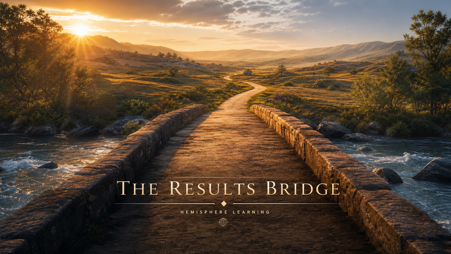 Minimalist illustration of a bridge reaching a sunlit far shore with rolling hills