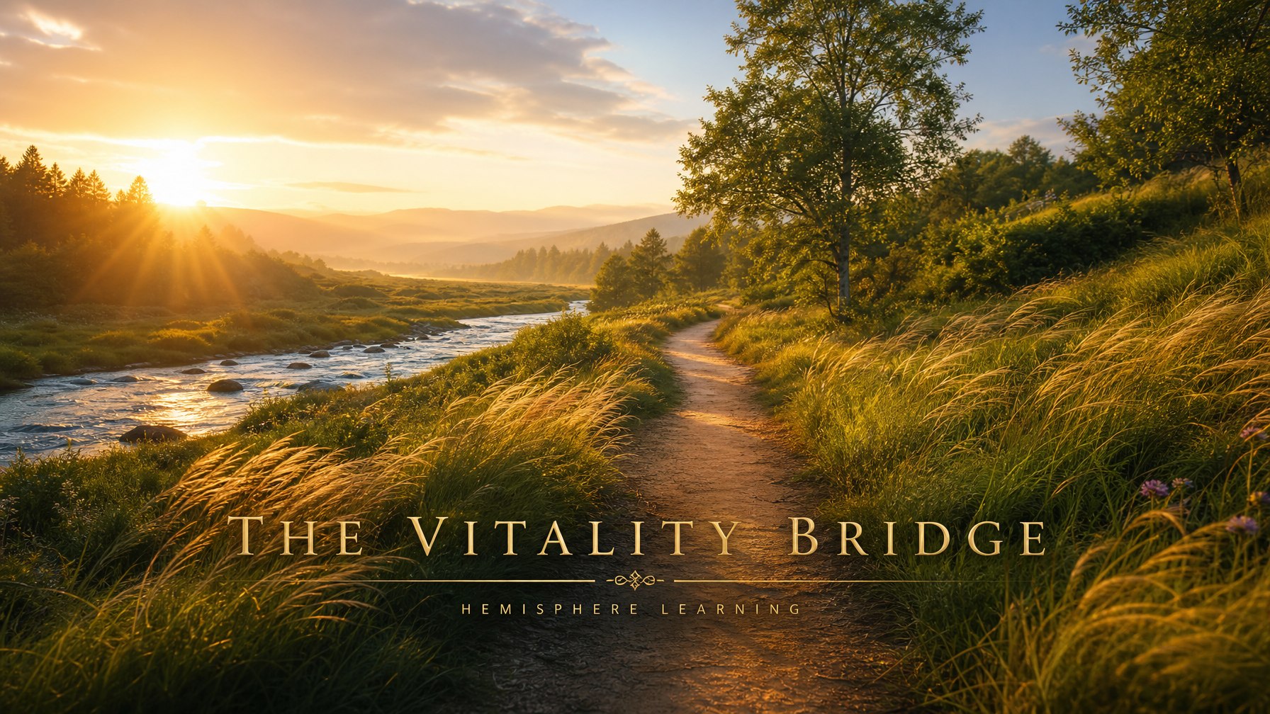 Minimalist illustration of a bridge between hills with a rising sun in warm gold